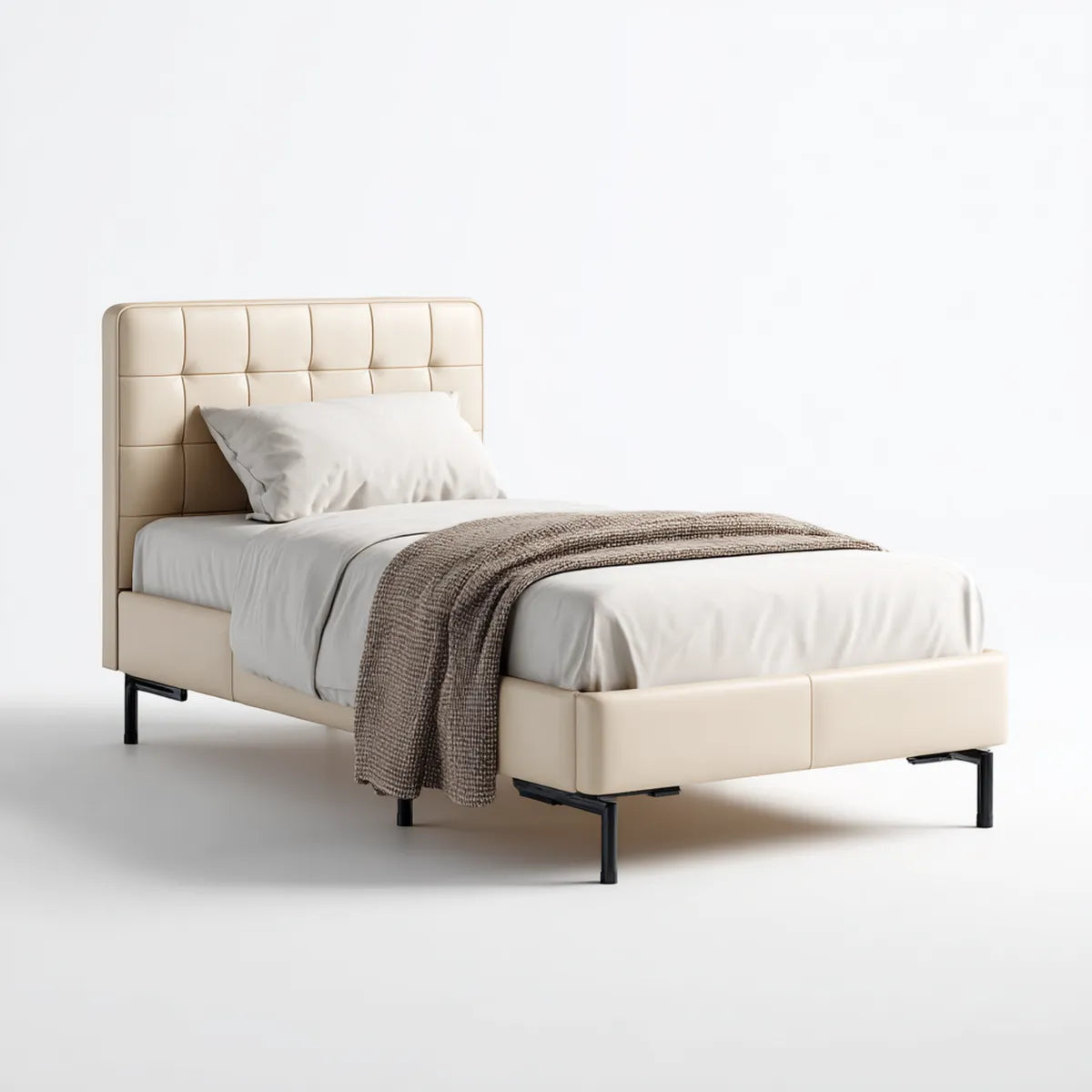 Polsterbett Einzelbett Creme 90 x 200 cm mit PU-Kunstlederbezug und rechteckigem Kopfteil