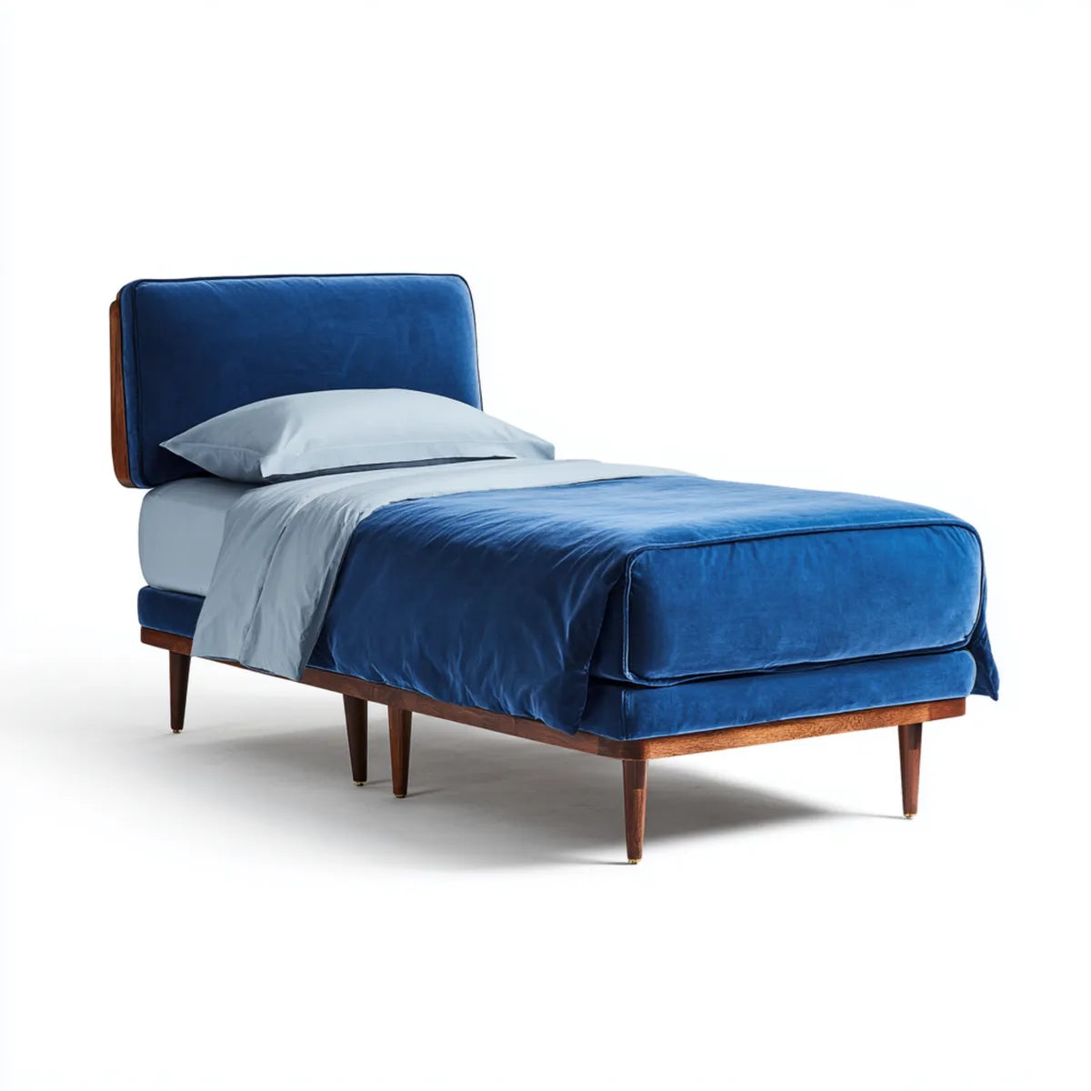 Einzelbett Blau 90 x 200 cm Polyestersamt Massivholz Rechteckig