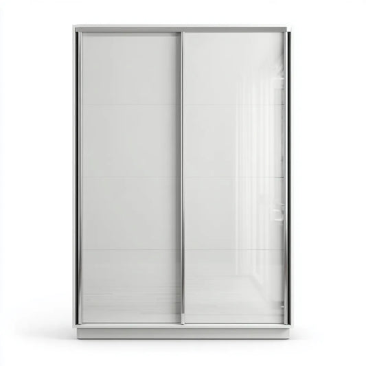 Schwebetürenschrank Weiß Silber 150 x 60 x 200 cm mit 2 Schiebetüren aus Spanplatte und Sicherheitsglas