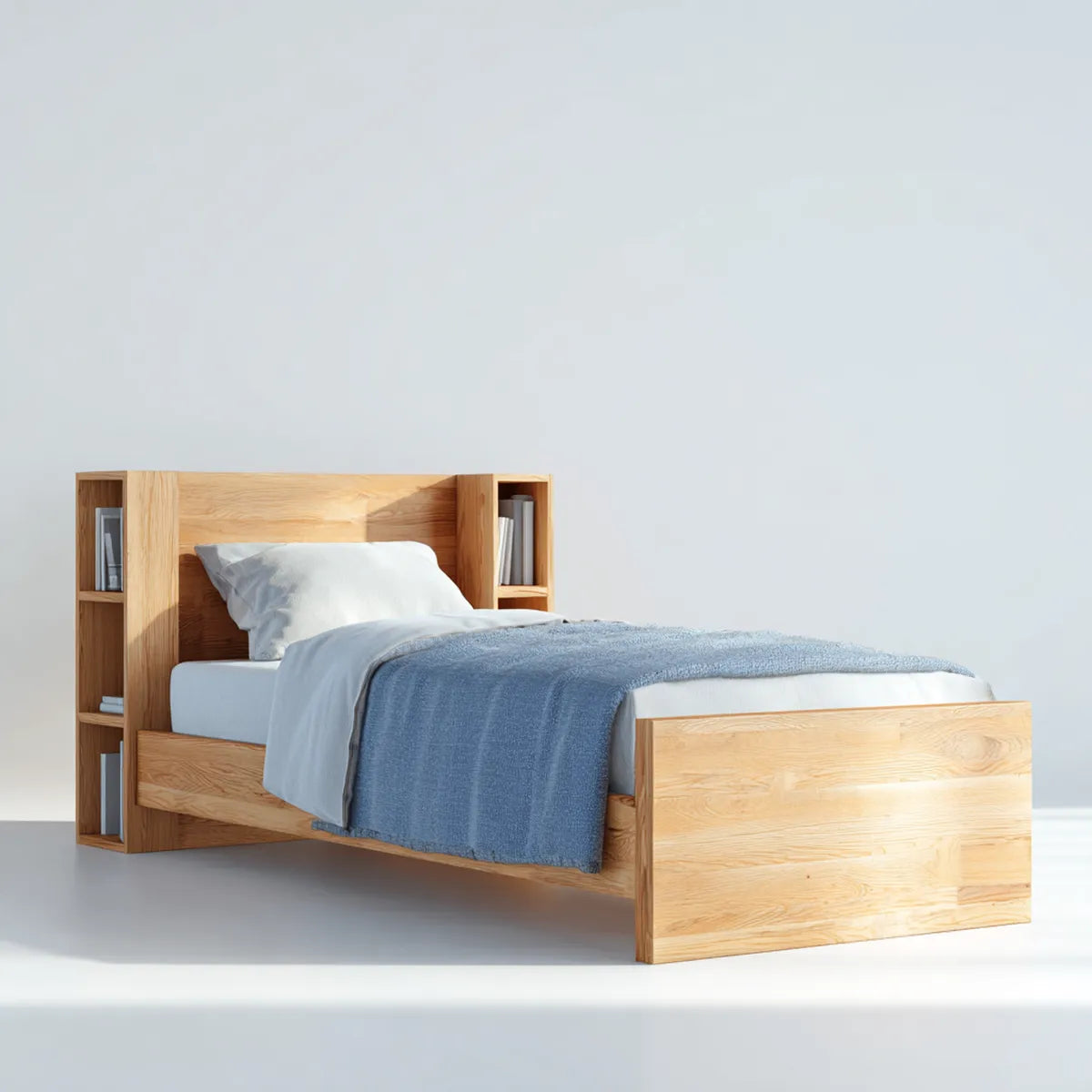Einzelbett aus massivem Eichenholz Natur 90 x 200 cm rechteckig mit Kopfteilregalen